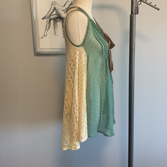 Ryu Sheer Lace Ruffle Green Brown Shirt Dress Boho Fairy Small New with Tags - Picture 4 of 8